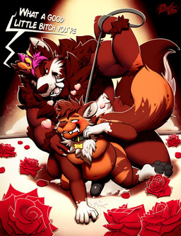 abdominal_bulge anthro balls black_pawpads bodily_fluids brown_hair collar collar_only collar_tag crown crown_only cum cumshot dialogue dominant dominant_anthro dominant_male drooling duo ejaculation erection flower fur genital_fluids genitals hair half-closed_eyes hands-free headgear headgear_only heart_symbol highlights_(coloring) humanoid_genitalia humanoid_penis leash leash_pull long_fangs looking_pleasured male muscle_tone muscular muscular_anthro muscular_male narrowed_eyes neck_tuft nude open_mouth open_smile orgasm pawpads paws pecs penis pink_highlights plant prostate_orgasm rose_(flower) saliva saliva_string size_difference smile smirk smug smug_face smug_grin speech_bubble submissive submissive_anthro submissive_male text tuft white_body white_fur dustythebat mythology canid canine hyena mammal mythological_canine mythological_creature werecanid werecanine werecreature werewolf english_text hi_res