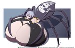 big_breasts black_body black_clothing breasts butt cleavage clothed clothing female grey_hair hair hand_on_breast huge_breasts hyper hyper_breasts monster_girl_(genre) multi_eye multi_leg multi_limb red_eyes simple_background solo text kojiro-brushard monster_musume rachnera_arachnera_(monster_musume) animal_humanoid arachnid arachnid_humanoid arachnid_taur arthropod arthropod_humanoid arthropod_taur humanoid spider spider_humanoid spider_taur taur hi_res url