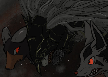ambiguous_gender group hair headgear looking_at_another male red_eyes trio white_hair kagura_0471 elden_ring fromsoftware nintendo pokemon maliketh_(elden_ring) canid canine generation_2_pokemon generation_3_pokemon houndoom hyena mammal mightyena pokemon_(species) 2023