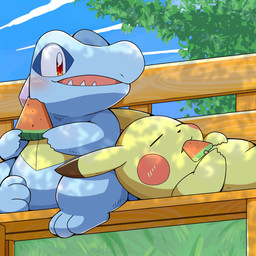 3_toes ambiguous_gender bench blue_body blush cloud day dipstick_ears duo ear_markings feet food fruit grass melon multicolored_ears open_mouth plant semi-anthro sitting teeth toes tree watermelon yellow_body tatu_wani nintendo pokemon crocodilian generation_1_pokemon generation_2_pokemon pikachu pokemon_(species) reptile scalie totodile 1:1 2021 absurd_res hi_res