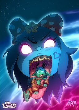 2_toes barefoot blue_body blue_hair bodily_fluids bow_ribbon braces drooling duo feet female female/female glowing glowing_eyes green_body hair long_hair macro micro mouth_shot open_mouth saliva saliva_string size_difference soles tears teeth toes tongue tongue_out uvula vore zapor666 activision skylanders skylanders_trap_team dreamcatcher_(skylanders) stealth_elf_(skylanders) goblin humanoid hi_res