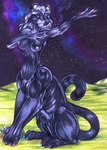 animal_genitalia black_body black_fur black_hair blackfrost breasts chakona_space felid fully_sheathed fur genitals grass gynomorph hair herm_(lore) intersex mammal midnight_(goldfur) navel night nipples outside pantherine plant sheath solo taur