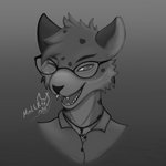 anthro clothed clothing eyewear fur glasses hair jewelry looking_at_viewer male necklace open_mouth paint shirt simple_background smile solo teeth topwear malekart felid feline leopard mammal pantherine 1:1 bust_portrait digital_drawing_(artwork) digital_media_(artwork) hi_res monochrome portrait