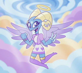 back_wings blue_body blue_eyes blue_skin clothing dress feathered_wings feathers female gesture halo hand_gesture heart_(marking) horn legwear markings purple_body purple_feathers sky skyscape smile solo thigh_highs v_sign wings itoruna hellaverse helluva_boss barbie_wire angel angel_humanoid humanoid colored hi_res