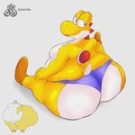 anthro big_butt bubble_butt butt clothing footwear huge_butt looking_pleasured male overweight overweight_male shoes sitting sitting_on_ground smile solo thong underwear zyasixpear_(artist) draw_this_in_your_style mario_bros nintendo yellow_yoshi yoshi 1:1 hi_res