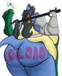 anthro anthrofied armor axe belly big_belly big_breasts big_butt biped black_hair blue_body blue_fur breasts butt clothed clothing double_bitted_axe ear_piercing eyebrows fantasy_weapon female fur gauntlets gloves hair half-closed_eyes handwear heart_symbol huge_breasts huge_butt long_hair looking_at_viewer looking_back love_handles melee_weapon morbidly_obese morbidly_obese_anthro morbidly_obese_female narrowed_eyes obese obese_anthro obese_female overweight overweight_anthro overweight_female partially_clothed piercing pokemorph rear_view red_eyes simple_background smile solo standing tail text thick_thighs weapon ladiesman217 nintendo pokemon canid canine generation_4_pokemon lucario mammal pokemon_(species) 2015 hi_res