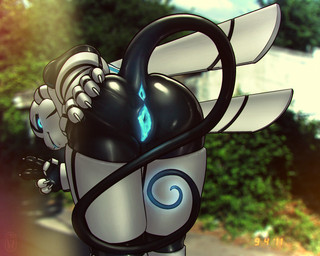 5_fingers anthro anus bent_over blue_anus blue_eyes blue_vulva butt claws female fingers genitals gesture glowing glowing_anus glowing_genitalia glowing_vulva hand_gesture hand_on_butt humanoid_genitalia humanoid_vulva looking_at_viewer machine outside raised_tail rear_view solo spread_butt spreading tail v_sign vulva bunnyshaped mio_(bunnyshaped) android lagomorph leporid mammal rabbit robot robot_anthro 2020 5:4 watermark