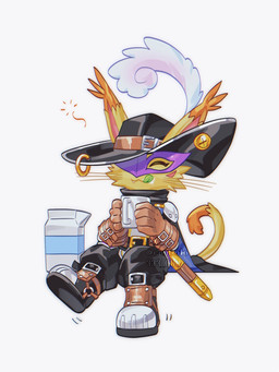 anthro belt boots clothing drinking footwear fur gloves handwear hat hat_feather headgear headwear licking licking_lips loose_feather male mask melee_weapon milk rapier shoes sitting solo sword tongue tongue_out weapon yellow_body yellow_fur confeito000_333 bandai_namco digimon digimon_(species) nyabootmon 3:4 hi_res