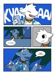 anthro beverage clothed clothing cocoshark_(hacony) collar comic duo english_text fish fur furred_fish furred_marine furred_shark hacony hi_res latex living_latex male mammal marine mustelid otter shark shirt text topwear whisker_spots white_body white_fur