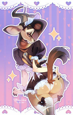 anthro bedroom_eyes blush bottomwear bow_ribbon butt clothed clothing eyelashes female fingers fur glistening glistening_butt hair heart_symbol hooved_fingers hooves horn lace lace_panties lace_stockings legwear long_hair looking_at_viewer looking_back looking_back_at_viewer maid_headdress maid_uniform multicolored_body multicolored_fur narrowed_eyes panties panty_shot raised_bottomwear raised_clothing raised_skirt raised_tail rear_view seductive skirt slim small_waist solo sparkles standing stockings tail tan_body tan_fur thick_thighs underwear uniform ulitochka zahra_(airheart) antelope bovid gazelle mammal 2026 dated digital_media_(artwork) hi_res watermark