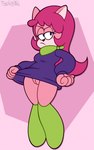 annoyed anthro clothed clothing clothing_lift dress dress_lift female flashing frown genitals hair half-closed_eyes looking_at_viewer narrowed_eyes no_underwear partially_clothed pink_body pink_hair purple_clothing purple_dress pussy solo toony chipposter cattanooga_cats hanna-barbera jellystone_(hbo_max) kitty_jo domestic_cat felid feline felis mammal 2022 absurd_res full-length_portrait hi_res portrait