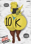 anthro big_butt biped black_clothing black_topwear blue_clothing blue_underwear blush body_writing butt clothing dialogue feathers female huge_butt looking_back pupils rear_view shirt tail tail_feathers text thick_thighs thong topwear underwear yellow_body rarehare avian bird absurd_res english_text hi_res
