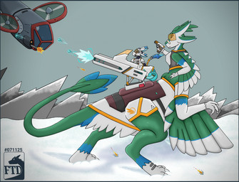 3_fingers 3_toes 4_ears anthro armor attack attack_drone attack_helicopter attacked avali_logo avalon_(avali_homeworld) biped bipedal_taur black_eyes black_text blue_body blue_feathers blue_tail_tip blue_tail_tuft claws clothed clothed_anthro clothed_female clothed_male clothed_taur clothing determined dipstick_tail drone drone_attack duo enemy enemy_drone eyewear feather_hair feathered_wings feathers feet female female_taur fingers footwear futuristic_armor futuristic_clothing futuristic_gun futuristic_suit futuristic_weapon green_body green_feathers green_tail green_tail_tuft green_wings grey_feet grey_hands grey_scutes grey_sky gun gunship handgun holding_gun holding_object holding_ranged_weapon holding_weapon larger_clothed larger_taur looking_back male male_anthro markings mount mountain mountain_background multi_ear name_tag on_snow orange_armor pistol pseudo_hair ranged_weapon red_clothing red_shirt red_topwear restraints rich rich_person rider riding riding_taur scutes serial_number shirt shoes shooting_gun shooting_weapon sitting_on_another size_difference sky smaller_anthro smaller_clothed snow snowy_mountain standing_on_snow stock_market stocks supplies tail tail_markings tail_tuft tan_body tan_feathers taur_mounted_gun taur_ride text toes topwear transportation tuft under_attack weapon wearing_armor white_armor white_arms white_body white_claws white_clothing white_feathers white_wings winged_arms wings frostytd156 evergreen_(frostytd156) kaiju_(frostytd156) avali avali_taur avian avian_taur taur hi_res signature female_(lore) male_(lore)