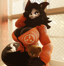 anthro big_breasts black_body black_fur black_hair bone breasts cleavage clothed clothing eyebrows eyelashes fangs female female_anthro fluffy fluffy_tail fur glowing glowing_eyes hair huge_breasts inner_ear_fluff jumpsuit long_hair looking_at_viewer messy_hair morning plushie pose prison_uniform skull skull_head solo tail teddy_bear teeth tired tuft waking_up goldenfoxythefox da.nilkaz_(modeler) scp_foundation scp-1471-a scp-1471-a_(da.nilkaz) canid canine malo mammal skulldog_(species) 2025 3d_(artwork) detailed digital_media_(artwork) hi_res