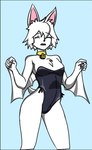 anthro bat_wings big_ears breasts clothing collar fangs female fur gold_(metal) gold_jewelry jewelry membrane_(anatomy) membranous_wings nervous_smile slim small_breasts solo swimwear teeth thick_thighs white_body white_fur wings steph_chan whitebats bat mammal hi_res