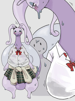 2_fingers ambiguous_gender anthro big_breasts blush blush_lines bottomwear bow_tie breasts clothing dripping duo female fingers freckled_face freckles front_view grey_background half-closed_eyes long_neck miniskirt narrowed_eyes purple_body school_uniform simple_background skirt standing uniform wet wet_clothing tokumori_kaisen nintendo pokemon generation_8_pokemon hisuian_form hisuian_goodra human mammal pokemon_(species) regional_form_(pokemon) 3:4 hi_res