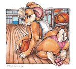 4_toes anthro ball barefoot basketball_(ball) bedroom_eyes butt clothed clothing countershade_feet countershading detailed_background feet female frilly frilly_clothing frilly_panties frilly_underwear inside looking_at_viewer looking_back looking_back_at_viewer narrowed_eyes panties pawpads paws pink_clothing pink_panties pink_pawpads pink_underwear plantigrade ponytail_ears rear_view seductive shirt soles solo tank_top toes topwear underwear blue_formalin looney_tunes warner_brothers lola_bunny lagomorph leporid mammal rabbit 2022 traditional_media_(artwork)