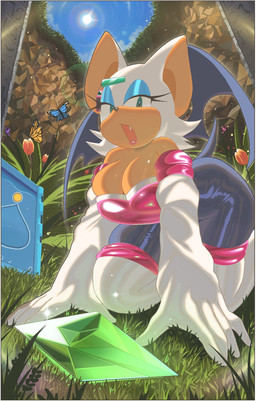 anthro armwear big_breasts bodysuit breasts cleavage clothed clothing elbow_gloves eyelashes fangs female gem gloves grass green_eyes handwear huge_breasts kneeling legwear low-angle_view membrane_(anatomy) membranous_wings open_mouth outside plant skinsuit solo sun tan_body teeth thigh_highs tight_clothing wings chzzei sega sonic_the_hedgehog_(series) rouge_the_bat bat mammal 2026 hi_res