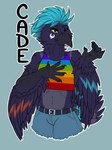 badge bottomwear clothed clothing daisy_dukes denim denim_bottomwear denim_clothing denim_shorts hotpants male rainbow shorts solo crystalwhisker avian bird corvid corvus_(genus) crow oscine passerine hi_res