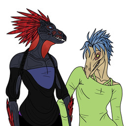 anthro arm_feathers arm_tuft avian_caruncle beak blue_body blue_eyes blue_feathers clothed clothing duo eye_contact feather_hair feathered_crest feathers female female/female flat_chested grey_body head_crest looking_at_another pseudo_hair pupils red_body red_feathers sharp_teeth simple_background slit_pupils small_waist tan_body teeth tuft wide_hips yellow_eyes in-a-nutcase halo_(series) microsoft xbox_game_studios alien avian kig-yar ruuhtian scalie t'vaoan colored hi_res