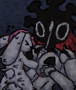 anthro black_head bodily_fluids breast_play breast_squeeze breasts cum cumshot duo ejaculation eyes_closed female genital_fluids hair horror_(theme) male male/female mannequin narrowed_eyes panties_on_face pasties plushie red_hair scut_tail sex short_tail size_difference small_but_hung squeezing squint sweat tail thrusting titfuck white_body white_eyes scaliescum animate_inanimate lagomorph leporid living_plushie mammal rabbit hi_res