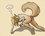 5_fingers all_fours anthro black_nose blonde_hair blush breasts butt curled_tail digitigrade female fingers fur fur_growth growth hair human_to_feral looking_back_at_self mid_transformation nude nude_female open_mouth paws raised_tail shadow side_view solo species_transformation standing tail tan_body tan_fur thought_bubble tongue tongue_out transformation unknown_year stoneheron canid canine canis domestic_dog mammal colored colored_sketch guide_lines sketch