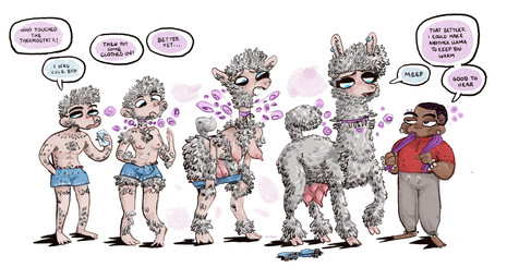 duo female feral forced forced_transformation fur fur_growth gender_transformation grey_body grey_fur growth magic_user male male/female teat_growth teats text transformation transformation_sequence transformation_through_magic udder_growth udders witch bubbalossom camelid human llama mammal english_text hi_res