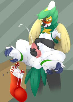 ambiguous_gender anthro balls beak blush bodily_fluids candy candy_cane christmas_stocking covering covering_face cum cumshot dessert duo ejaculation embarrassed erection faceless_character feathered_wings feathers food genital_fluids genitals handjob human_on_anthro interspecies lifted looking_pleasured male male/ambiguous open_mouth orgasm pattern_background penile penis plant pokephilia reach_around sex simple_background solo_focus spread_legs spreading tapering_penis tongue tongue_out winged_arms wings camychan nintendo pokemon avian bird decidueye elemental_creature flora_fauna generation_7_pokemon human mammal pokemon_(species) 2016 hi_res