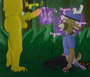 anthro antlers backwards_baseball_cap backwards_hat balls baseball_cap big_balls big_penis black_bottomwear black_clothing black_pants blue_baseball_cap blue_clothing blue_shirt blue_t-shirt blue_topwear bodily_fluids bottomwear clothing cum cum_on_face cumshot duo ejaculation foreskin forest furgonomic_baseball_cap furgonomic_headwear furgonomics genital_fluids genitals hat headgear headwear horn humanoid_genitalia humanoid_penis hypnosis kneeling male male/male masturbation mind_control outside pants pendulum pendulum_swing penis plant pokemon_speak shirt submissive submissive_male t-shirt text topwear tree robinhypnotized nintendo pokemon robin_(robinhypnotized) deer generation_1_pokemon hypno_(pokemon) mammal pokemon_(species) english_text hi_res