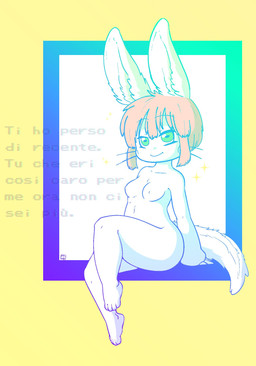 anthro breasts closed_smile eyebrow_through_hair eyebrows feet female fluffy fluffy_ears fluffy_tail fur green_eyes hair hands_behind_back horizontal_pupils medium_breasts mouth_closed nipples nude nude_anthro nude_female orange_hair pupils side_view simple_background sitting smile solo sparkles tail text thick_thighs three-quarter_view translucent translucent_hair translucent_text whiskers white_body white_fur wide_hips yellow_background visibel made_in_abyss nanachi lagomorph mammal narehate 2024 hi_res italian_text portrait signature translation_check translation_request