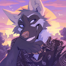 anthro claws day detailed_background fur grey_body grey_fur outside paws purple_eyes sky sun jeniak canid canine mammal 1:1 2022 digital_media_(artwork) low_res