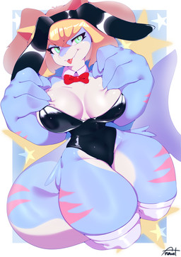 anthro big_breasts big_tail blonde_hair blue_body breasts bunny_costume clothing costume female green_eyes hair hand_on_breast huge_breasts huge_hips huge_thighs legwear leotard long_tail navel navel_outline non-mammal_breasts non-mammal_navel pink_pattern red_bow simple_background solo star stockings tail thick_tail thick_thighs thigh_highs tongue tongue_out wide_hips anawat aquatic fish shark absurd_res hi_res