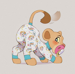 blush butt clothing diaper drool_on_chin female feral fur green_eyes heart_eyes heart_symbol looking_back object_in_mouth onesie pacifier pacifier_in_mouth presenting presenting_hindquarters solo tail tail_motion tailwag tan_body tan_fur young skidoo disney paw_patrol the_lion_king marshall_(paw_patrol) nala_(the_lion_king) rubble_(paw_patrol) skye_(paw_patrol) felid lion mammal pantherine hi_res