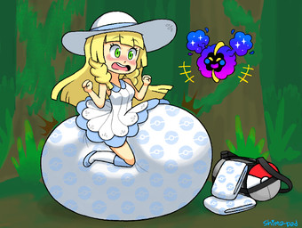 big_diaper blonde_hair blush clothing diaper diaper_bag dress duo feces female feral floating forest grass green_eyes hair hat headgear headwear kneeling laughing_at_another moss nature open_mouth pattern_diaper plant pooping shocked soiled_diaper soiling soiling_diaper space_pattern star sun_hat teeth tree unclean_diaper used_diaper using_diaper white_clothing white_dress shima_pad nintendo pokemon lillie_(pokemon) pokemon_trainer cosmog generation_7_pokemon human legendary_pokemon mammal pokemon_(species)