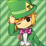 blonde_hair bow_tie clothing hair hat headgear headwear humanoid_pointy_ears light_body light_skin looking_at_viewer male not_furry one_eye_closed pointy_ears smile solo suit top_hat triforce wink wusagi2 nintendo the_legend_of_zelda wind_waker toon_link humanoid hylian 1:1 low_res