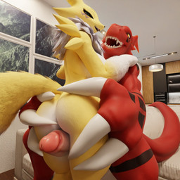 anthro big_breasts big_hands big_penis breasts butt digimorph duo erection fangs female fluffy fluffy_tail fur furniture genitals hand_on_another's_butt hand_on_butt huge_claws huge_hands humanoid_genitalia humanoid_penis inside looking_at_another looking_at_partner male male/female neck_tuft open_mouth open_smile penis red_body sex sharp_teeth smile smiling_at_another smiling_at_partner sofa tail teeth thick_thighs thigh_sex tuft white_tuft yellow_body yellow_eyes yellow_fur echodragon chocoscorner_(modeler) dogzeela_(modeler) bandai_namco digimon canid canine digimon_(species) guilmon mammal renamon scalie 3d_(artwork) digital_media_(artwork)
