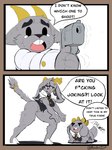 2_panel_comic 5_fingers anthro antlers blue_eyes bodily_fluids buckteeth button_(fastener) clothed clothing dialogue dot_eyes female feral fingers fur grey_body grey_fur group gun holding_object holding_weapon horn long_ears male male/female open_mouth ranged_weapon scared simple_background simple_eyes speech_bubble sweat tail tears teeth text trio tuxedo_vest weapon white_background meeart117 pseudoregalia butler_(pseudoregalia) sybil_(pseudoregalia) bovid caprine goat jackalope lagomorph mammal 2025 comic english_text hi_res