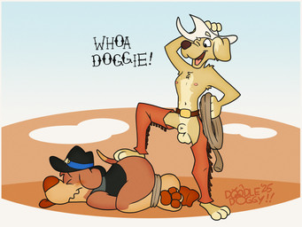 animal_genitalia balls bdsm big_balls big_penis bondage bound clothing cowboy cowboy_hat duo fully_sheathed genitals hat headgear headwear hogtied huge_balls huge_penis hyper hyper_balls hyper_genitalia hyper_penis male male/male nipples penis restraints rope rope_bondage sheath text toony doodledoggy charlie_(toon2n) doodle_(doodledoggy) canid canine canis domestic_dog mammal 4:3 english_text hi_res