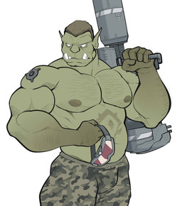 biceps big_muscles body_hair bottomwear bulge camo camo_bottomwear camo_clothing camo_pants camo_print clothed clothing green_body holding_object holding_weapon male muscular muscular_arms muscular_humanoid muscular_male nipples not_furry pants pattern_bottomwear pattern_clothing pattern_pants pecs simple_background solo tattoo topless tusks weapon weapon_on_shoulder white_background maldu blizzard_entertainment warcraft humanoid orc hi_res