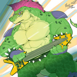 4_fingers anthro bass_guitar belt bottomwear bracelet claws clothed clothing countershade_face countershade_tail countershade_torso countershading eyewear finger_claws fingers glasses green_body guitar hair jewelry male mohawk muscular muscular_anthro muscular_male musical_instrument pants plucked_string_instrument red_hair sharp_teeth shoulder_pads smile solo spiked_belt spiked_bracelet spikes string_instrument sunglasses tail teeth topless yellow_eyes bristles five_nights_at_freddy's five_nights_at_freddy's:_security_breach scott_cawthon scottgames steel_wool_studios montgomery_gator alligator alligatorid crocodilian reptile scalie 1:1 2022 absurd_res dated digital_media_(artwork) hi_res signature