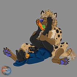 anthro bottomless clothed clothing distracted duo feet foot_fetish foot_lick gynomorph hoodie intersex intersex/male licking male paws size_difference tongue topwear yamatopawa yamato_burr bear hyena mammal 1:1 absurd_res hi_res