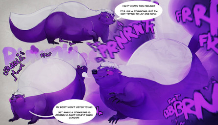 belly big_belly big_tail bloated blush fart fart_cloud fart_denial fart_fetish fart_inflation feral huge_belly inflation male overweight overweight_male purple_body purple_fart_cloud rumbling_stomach solo tail text ruben_sling gon_(series) kungka mammal mephitid skunk striped_skunk english_text hi_res