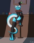 anthro armwear blue_body bottomwear butt clothing female horn legwear loincloth reaching solo tail thigh_highs conditional_dnp paradoxing skye_(paradoxing) kobold 2024 4:5 digital_media_(artwork) digital_painting_(artwork) hi_res signature