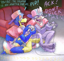 ageplay anthro backwards_baseball_cap backwards_hat baseball_cap blue_body blue_feathers blue_tail bodily_fluids clothed clothing controller dialogue diaper dipstick_tail duo feathers fur furniture game_controller gamecube_controller gaming genital_fluids grey_body grey_fur grey_tail hat headgear headwear infantilism male markings multicolored_body multicolored_fur nintendo_controller open_mouth open_smile peeing playing_video_game purple_eyes red_body red_clothing red_feathers red_shirt red_topwear roleplay sharp_teeth shirt sitting sitting_on_ground smile sofa tail tail_markings teeth text topwear two_tone_body two_tone_fur unclean_diaper urine used_diaper using_diaper wet_diaper wetting wetting_diaper white_body white_fur white_tail zuago gamecube nintendo star_fox falco_lombardi wolf_o'donnell avian bird canid canine canis mammal wolf 2015 digital_media_(artwork) english_text hi_res signature