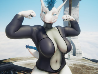 anthro belly bottomless bottomless_anthro bottomless_female breasts claws clothed clothing female flexing flexing_bicep flexing_both_biceps flexing_muscles inner_boob long_ears looking_at_viewer medium_breasts mohawk navel open_clothing open_shirt open_topwear shirt smile smile_at_viewer solo tail tail_tuft topwear tuft fur-focus mythology christa_(rebeldragon101) dragon mythological_creature mythological_scalie scalie 3d_(artwork) digital_media_(artwork)
