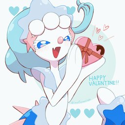 ambiguous_gender anthro blue_eyes blue_hair blush blush_lines box_of_chocolates candy chocolate dessert eyelashes fangs food gem hair happy heart_box heart_symbol holding_object holidays looking_at_viewer open_mouth pearl_(gem) simple_background solo starfish_(accessory) teeth text tongue white_body imafuramingo nintendo pokemon valentine's_day aquatic asterozoan echinoderm generation_7_pokemon pokemon_(species) primarina starfish 1:1 2026 english_text hi_res signature