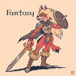 1:1 2023 anthro armor black_body black_fur blonde_hair boots broadsword canid canine cape clothing conditional_dnp english_text fangs female footwear fox fox-pop frown fur hair hi_res lipstick makeup mammal melee_weapon pauldron red_body red_fox red_fur scowl shield simple_background solo sword tan_background tan_body tan_fur teeth text true_fox weapon yellow_eyes