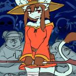 bone breasts brown_clothing brown_gloves brown_hair brown_handwear clothing female gloves group hair handwear hat headgear headwear kemono magic_user nervous open_mouth red_eyes skeleton smile solo_focus staff witch_hat amboyna konosuba:_god's_blessing_on_this_wonderful_world! undertale_(series) megumin_(konosuba) ninja_slayer sans_(undertale) felid mammal mouse murid murine rodent 1:1