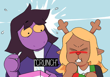 ambiguous_gender anthro antlers blonde_hair blue_background blush bodily_fluids brown_body brown_fur buckteeth chalk clothed clothed_anthro clothing constricted_pupils duo eating eye_through_hair eyebrow_through_hair eyebrows eyes_closed flying_sweatdrops freckled_face freckles fur hair holding_object horn long_hair looking_at_another onomatopoeia pupils purple_body purple_scales scales simple_background small_pupils sound_effects speech_bubble sweat sweatdrop teeth text translucent translucent_hair wide_eyed spoiledart deltarune undertale_(series) noelle_holiday susie_(deltarune) deer mammal new_world_deer reindeer reptile scalie 2021 aliasing binary_drawing digital_drawing_(artwork) digital_media_(artwork) english_description hi_res female_(lore)