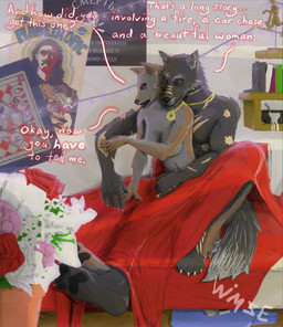 4_toes 5_fingers age_difference anthro athletic athletic_anthro athletic_female athletic_male bed bed_sheet bedding bedroom black_body black_fur breasts claws cleavage clothed clothing cuddling dialogue duo ear_piercing ear_ring electric_guitar feet female fingers flower fur furniture grey_body grey_fur grey_hair guitar hair hindpaw inner_ear_fluff jewelry lights male male/female morning muscular muscular_anthro muscular_male musical_instrument necklace on_lap pawpads paws piercing plant plantigrade plucked_string_instrument poster_(object) ring_piercing romantic romantic_ambiance romantic_couple scar sitting_on_lap size_difference string_instrument text toes tuft wimse apollo_(wimse) monday_(wimse) canid canine canis mammal wolf english_text daughter_(lore) father_(lore) father_and_child_(lore) father_and_daughter_(lore) incest_(lore) parent_(lore) parent_and_child_(lore) parent_and_daughter_(lore)